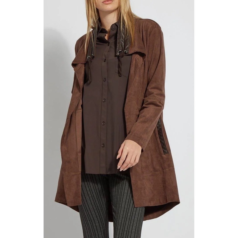 Lyssé‎ Chelsea Suede Parka Brown Vegan Suede Drape Front Open Style Small/Medium